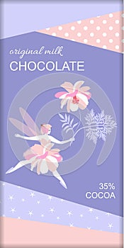 Chocolate bar packaging with beautiful fairy girl with flower. Vector design