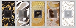 Chocolate bar packaging mock up set. elements,labels,icon,frames, for design of luxury products.Made with golden foil.Isolated on photo