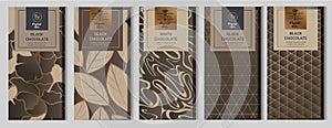 Chocolate bar packaging mock up set. elements,labels,icon,frames, for design of luxury products.Made with golden foil.Isolated on photo