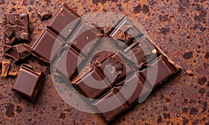 Chocolate bar with pieces of chocolate. Top view
