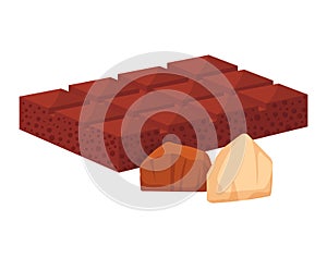 Chocolate bar and pieces on white background. Sweet milk chocolate blocks and chunks. Delicious dessert and cocoa treat