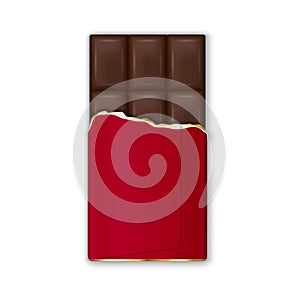 Chocolate Bar In Red Wrap With Golden Foil. Vector