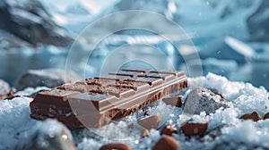 a chocolate bar resting on pristine snow, framed by the majestic backdrop of snowy mountains.