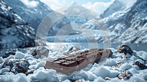 a chocolate bar resting on pristine snow, framed by the majestic backdrop of snowy mountains.