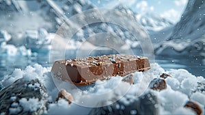 a chocolate bar resting on pristine snow, framed by the majestic backdrop of snowy mountains.