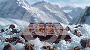 a chocolate bar resting on pristine snow, framed by the majestic backdrop of snowy mountains.