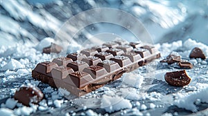 a chocolate bar resting on pristine snow, framed by the majestic backdrop of snowy mountains.