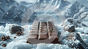 a chocolate bar resting on pristine snow, framed by the majestic backdrop of snowy mountains.
