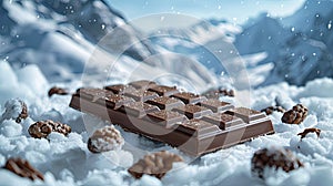 a chocolate bar resting on pristine snow, framed by the majestic backdrop of snowy mountains.