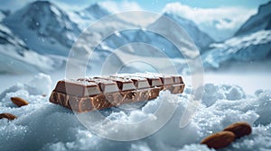 a chocolate bar resting on pristine snow, framed by the majestic backdrop of snowy mountains.