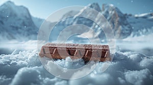 a chocolate bar resting on pristine snow, framed by the majestic backdrop of snowy mountains.