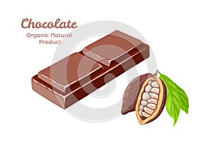 Chocolate bar slice isolated on white background and cocoa fruit. Vector illustration of tasty sweets
