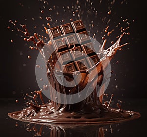Chocolate bar splashing into liquid chocolate. Generative A.I