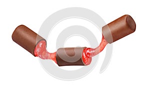 Chocolate bar with strawberry filling isolated on white