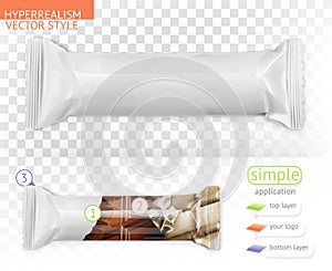 Chocolate bar, white polyethylene packaging. Hyperrealism vector simple application