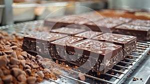 Chocolate Bars Cooling on a Rack in a Factory