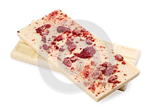 Chocolate bars with freeze dried raspberries on white background