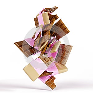 Chocolate bars in open gold foil and pink paper package 3d render. Flying swirl of whole and bitten sweet choco desserts