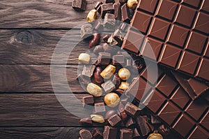 Chocolate bars and pieces on wooden background, sweet food