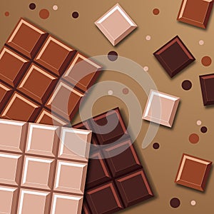 Chocolate bars. Realistic Chocolate Bar with Pieces. Milk, dark and white chocolate bars. Vector illustration