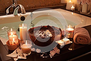 chocolate bath with scented candles, soothing music, and plush towels photo