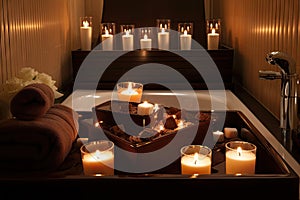 chocolate bath with scented candles, soothing music, and plush towels photo