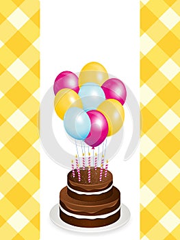 Chocolate birthday cake and balloons
