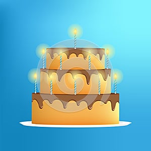 Chocolate birthday cake with burning candles on blue background