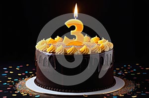 chocolate birthday cake with buttercream, lighted candle in shape of number three on black backdrop