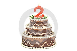 Chocolate Birthday cake with candle number 2, 3D rendering