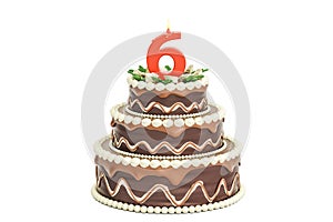 Chocolate Birthday cake with candle number 6, 3D rendering