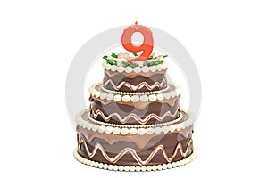 Chocolate Birthday cake with candle number 9, 3D rendering