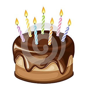 Chocolate birthday cake with candles. Vector illustration.