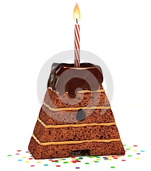 Chocolate birthday cake with lit candle and confetti 3d font letter A