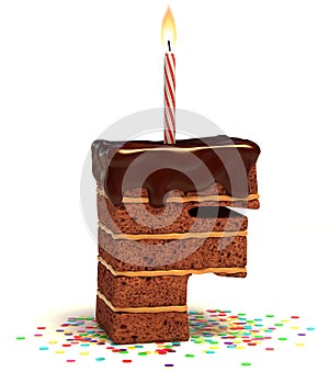 Chocolate birthday cake with lit candle and confetti 3d font letter F