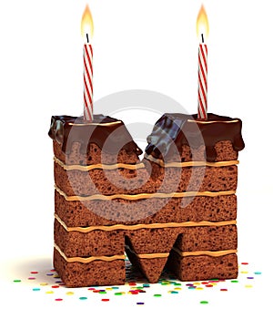 Chocolate birthday cake with lit candle and confetti 3d font letter M