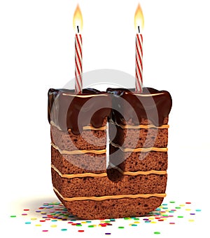 Chocolate birthday cake with lit candle and confetti 3d font letter U