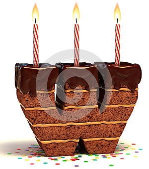 Chocolate birthday cake with lit candle and confetti 3d font letter W