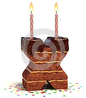 Chocolate birthday cake with lit candle and confetti 3d font letter X