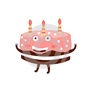 Chocolate Birthday Cake With Three Candles Children Birthday Party Attribute Cartoon Happy Humanized Character In Girly