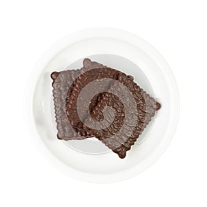 Chocolate Biscuit on Saucer Isolated, Black Quadratic Cookie, Dark Soft Biscuits, Square Butter Cookies, Cocoa Crackers