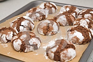 Chocolate biscuits on a baking tray