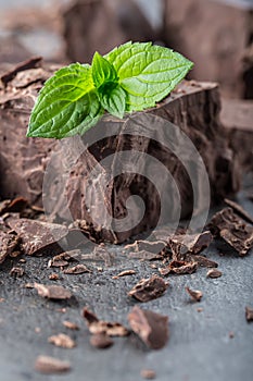 Chocolate. Black chocolate. A few cubes / blocks of black chocolate with mint leaves. Chocolate slabs spilled from grated