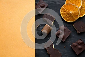 Chocolate on black the old table