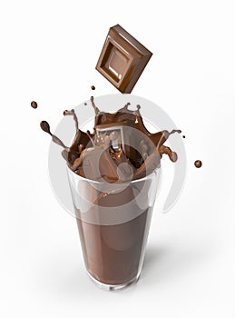 Chocolate blocks falling into a glass splashing.