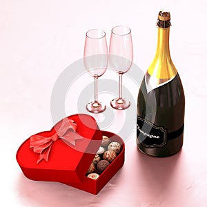 Chocolate box with a champagne and two glasses.