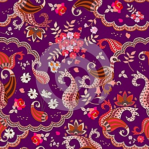 Chocolate box design. Ethnic seamless pattern with paisley, flowers and magic bird in vector isolated on dark purple background