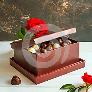 Chocolate Box With Flower On A White Table