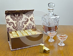 Chocolate box and liquor bottle