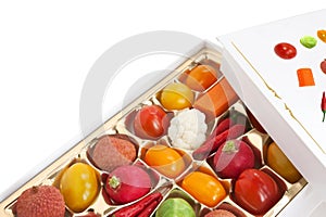 Chocolate box with vegetable and fruit contents